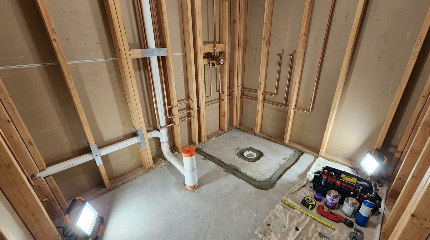 Bathroom rough-in plumbing during remodel by Johns Plumbing LLC in Phoenixville