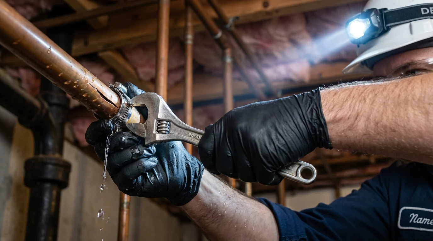Emergency pipe clamp repair being performed by a Johns Plumbing LLC plumber in Phoenixville