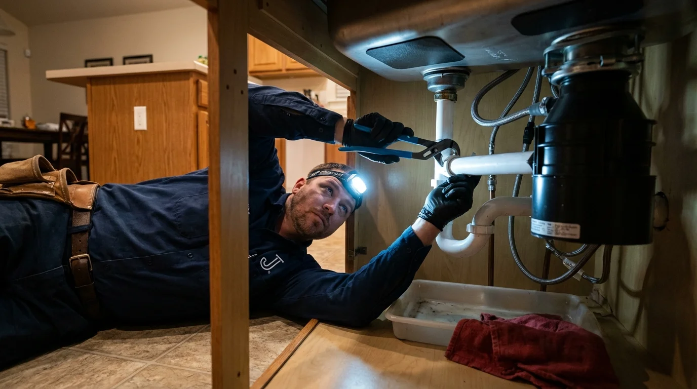 P-trap and supply line connections under a kitchen sink showing a common leak point in Phoenixville, PA
